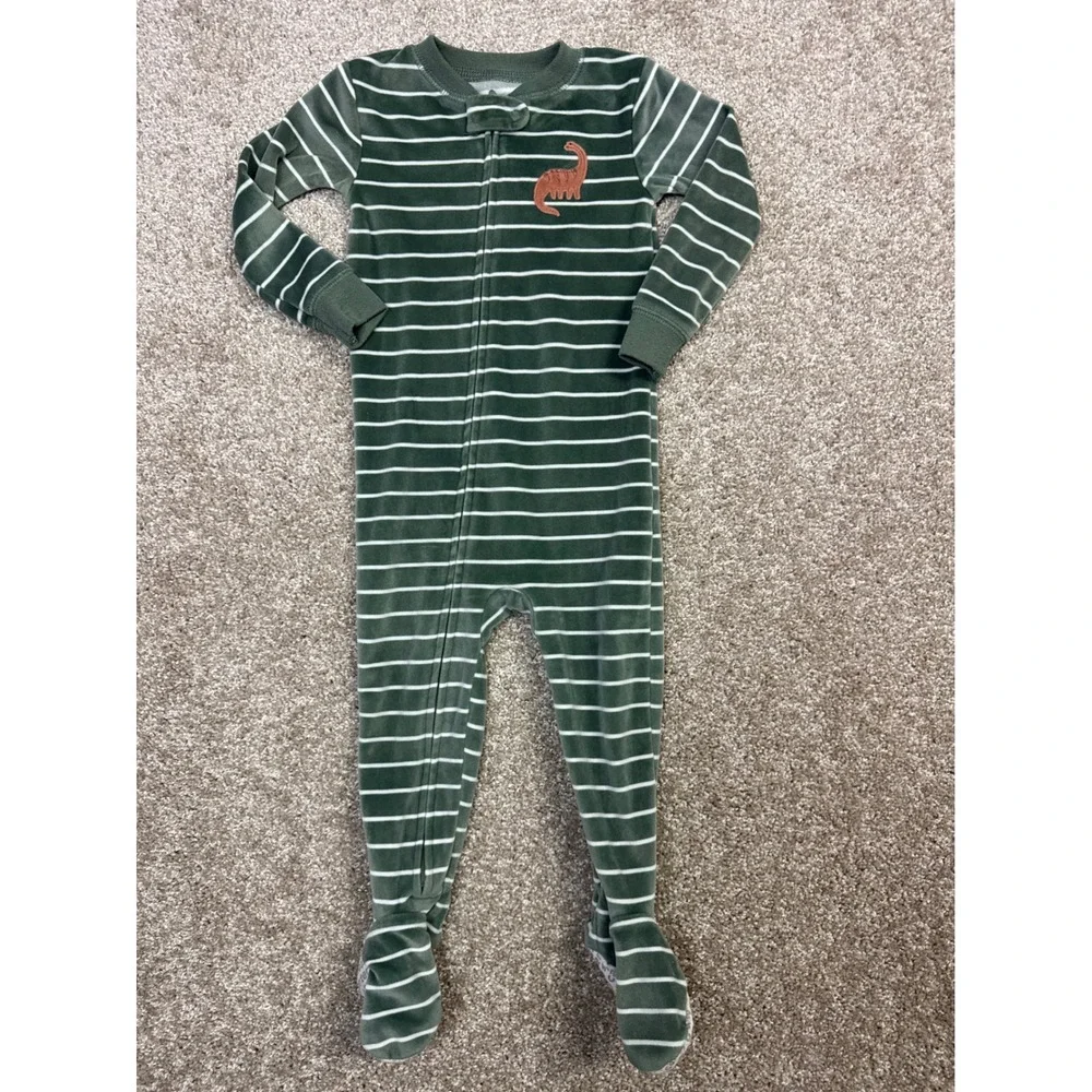 Carters Just One You Baby Boy Green Striped Dinosaur Velour Footed Sleeper 18M
